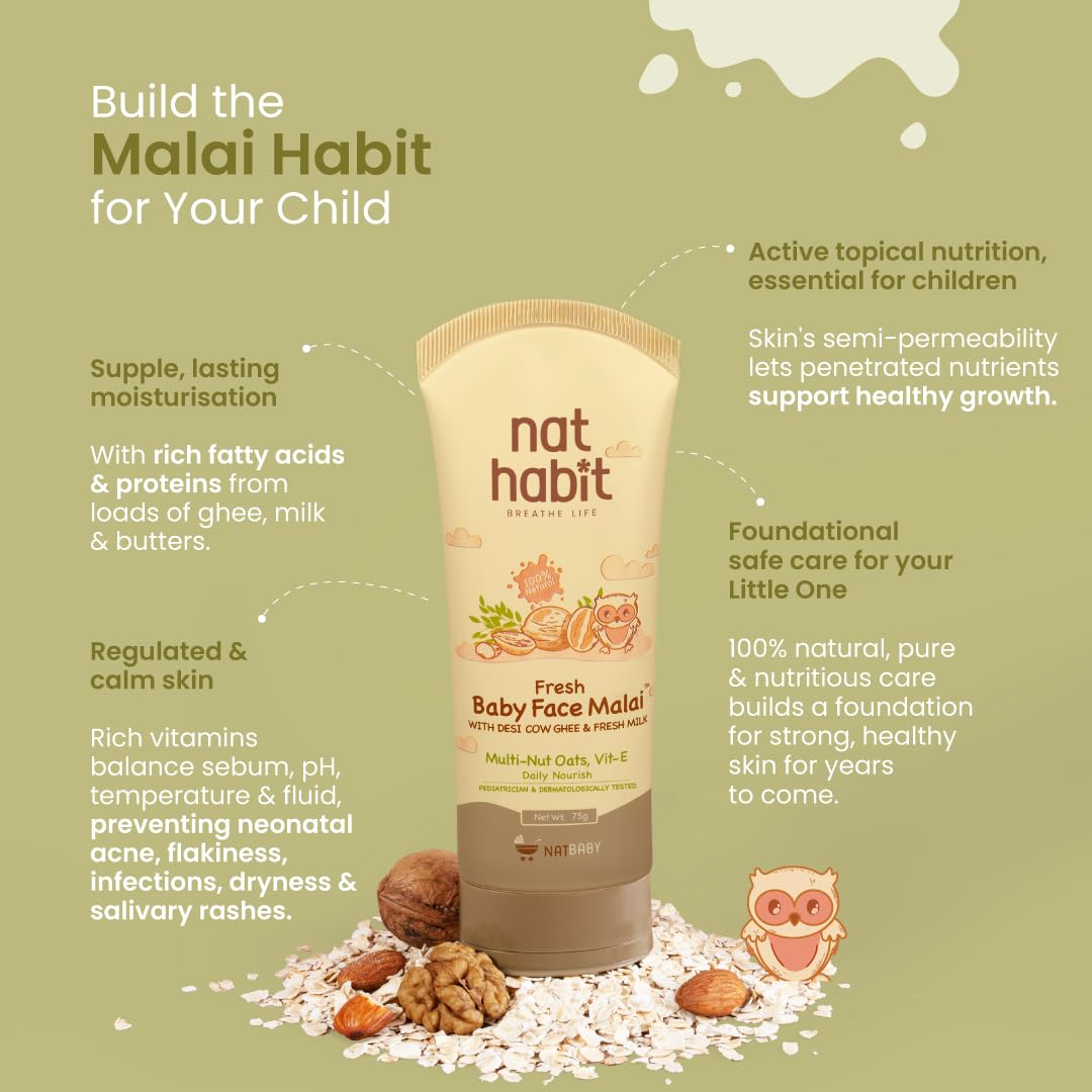 Nat Habit Baby Face Cream – Multi-Nut, Oats & Vitamin E Baby Face Malai for deep, Long-Lasting Moisture, Protects Skin Barrier with Vit E, Chemical Free, Makes Skin Soft & Supple, 75ml