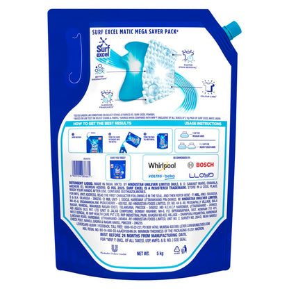 Surf Excel Matic Top Load Liquid Detergent 5Kg Refill Pouch, Specially designed to remove Tough Dried Stains, 1st time in Washing Machine