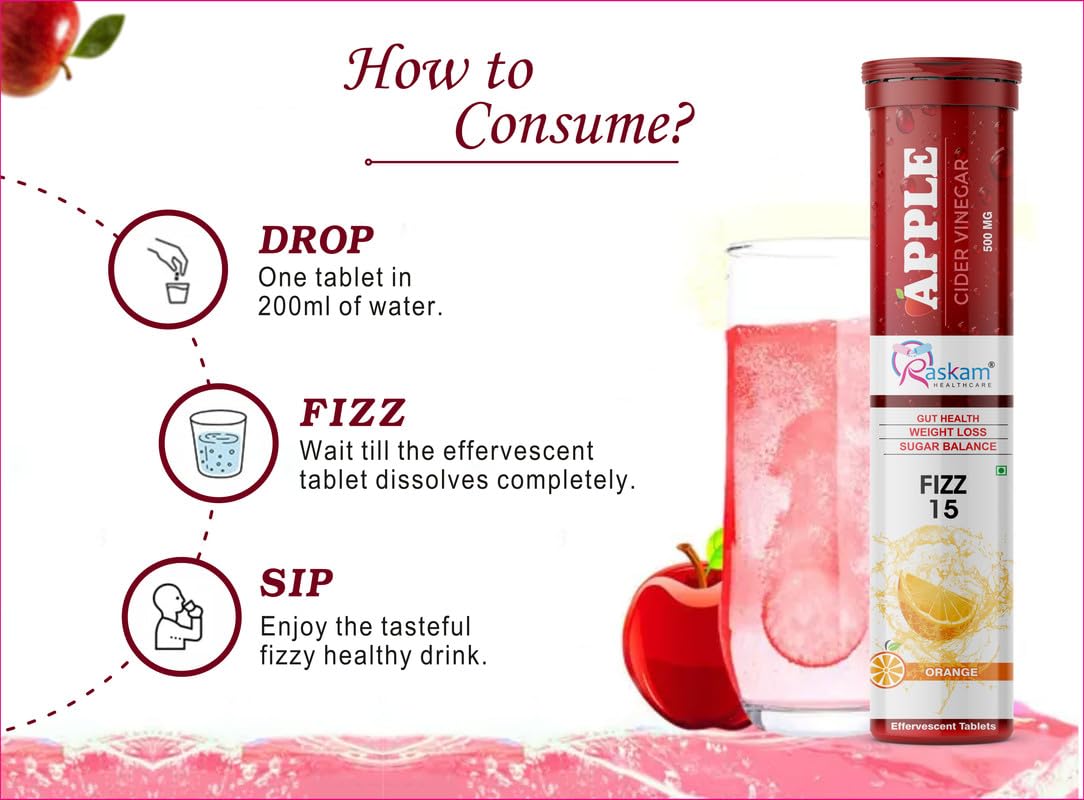 ACV Apple Cider Vinegar Effervescent Fizz 15 Tablets - For Weight Loss | Refreshing Detox & Metabolism Boost, No added Sugar (Pack of 1), Orange Flavour