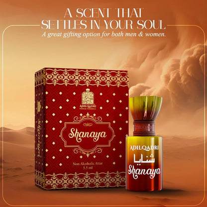 Adilqadri Shanaya perfume bottle and packaging with desert background
