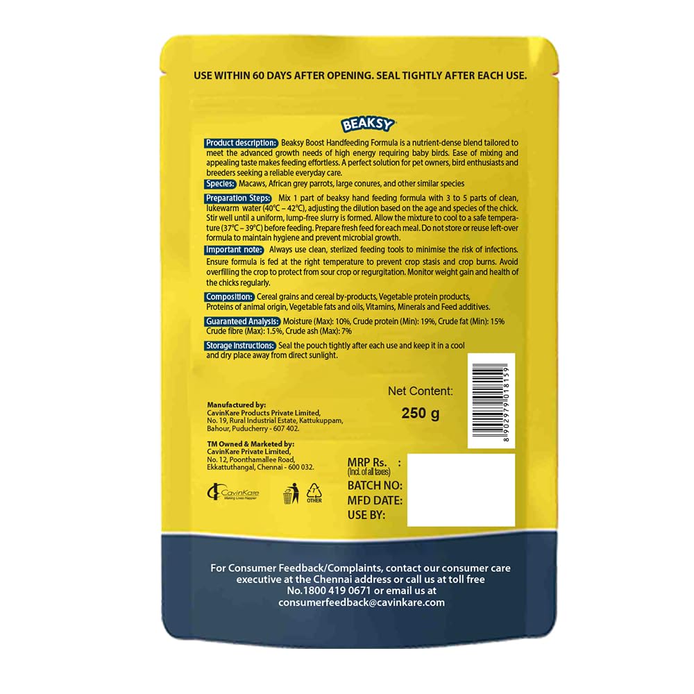 BEAKSY Boost Hand Feeding Formula for Baby Birds | for Conures, Grey Parrots & Macaws | Promotes Weight Gain, Vibrant Feathers & Easy Digestion (250gm)