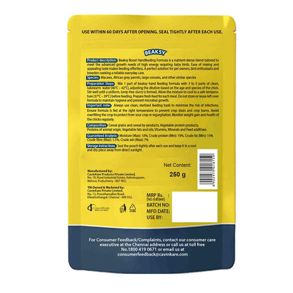 BEAKSY Boost Hand Feeding Formula for Baby Birds | for Conures, Grey Parrots & Macaws | Promotes Weight Gain, Vibrant Feathers & Easy Digestion (250gm)