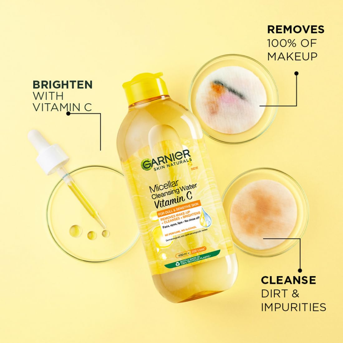 Garnier Micellar Cleansing Water with Vitamin C on a yellow background
