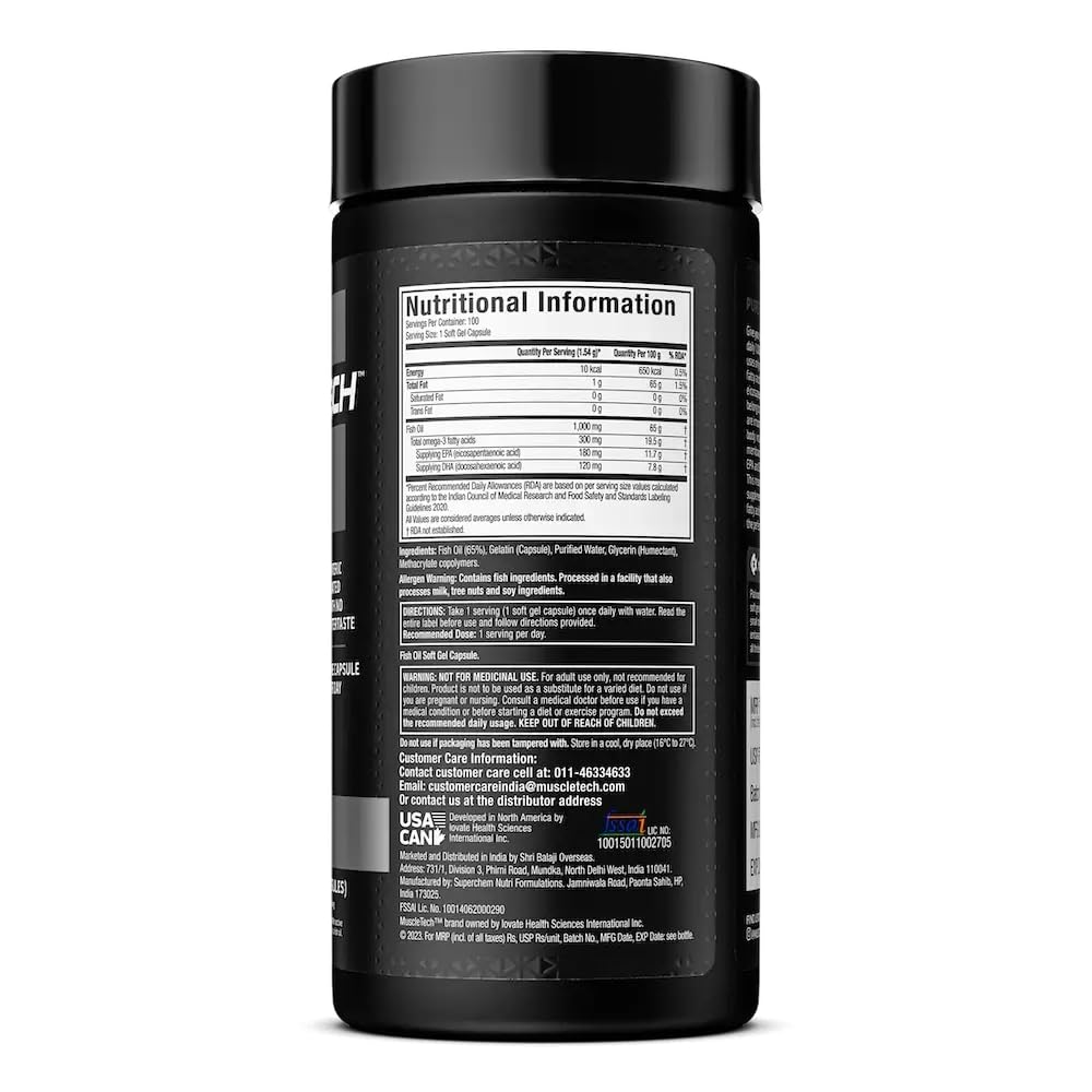 MuscleTech Platinum Fish Oil For Men And Women, 1000Mg Omega 3 With 180 Mg Epa & 120 Mg Dha For Heart, Joints & Brain Health, 100 Softgels, 1 count, 100 servings