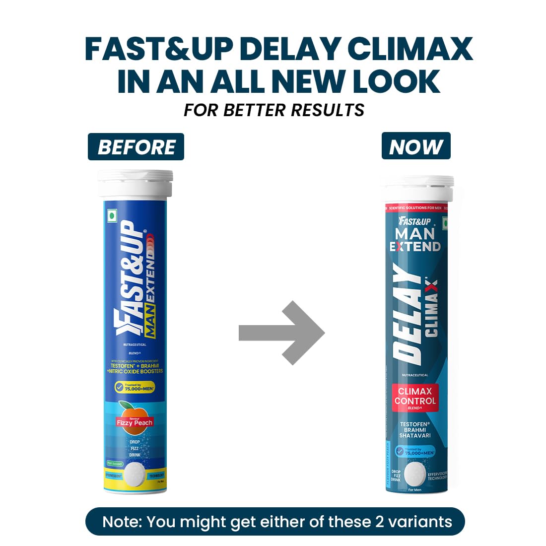 Comparison of 'Fast&Up' and 'Man Extend' delay climax products with text on a white background.