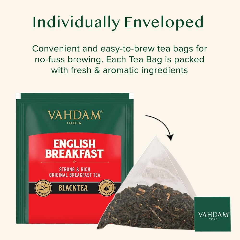 VAHDAM Organic English Breakfast Black Tea Bags (15 Count) High Caffeine - Coffee Replacement, Gluten Free | Individually Wrapped Pyramid Tea Bags | Strong, Robust & Flavoury | Direct from Source