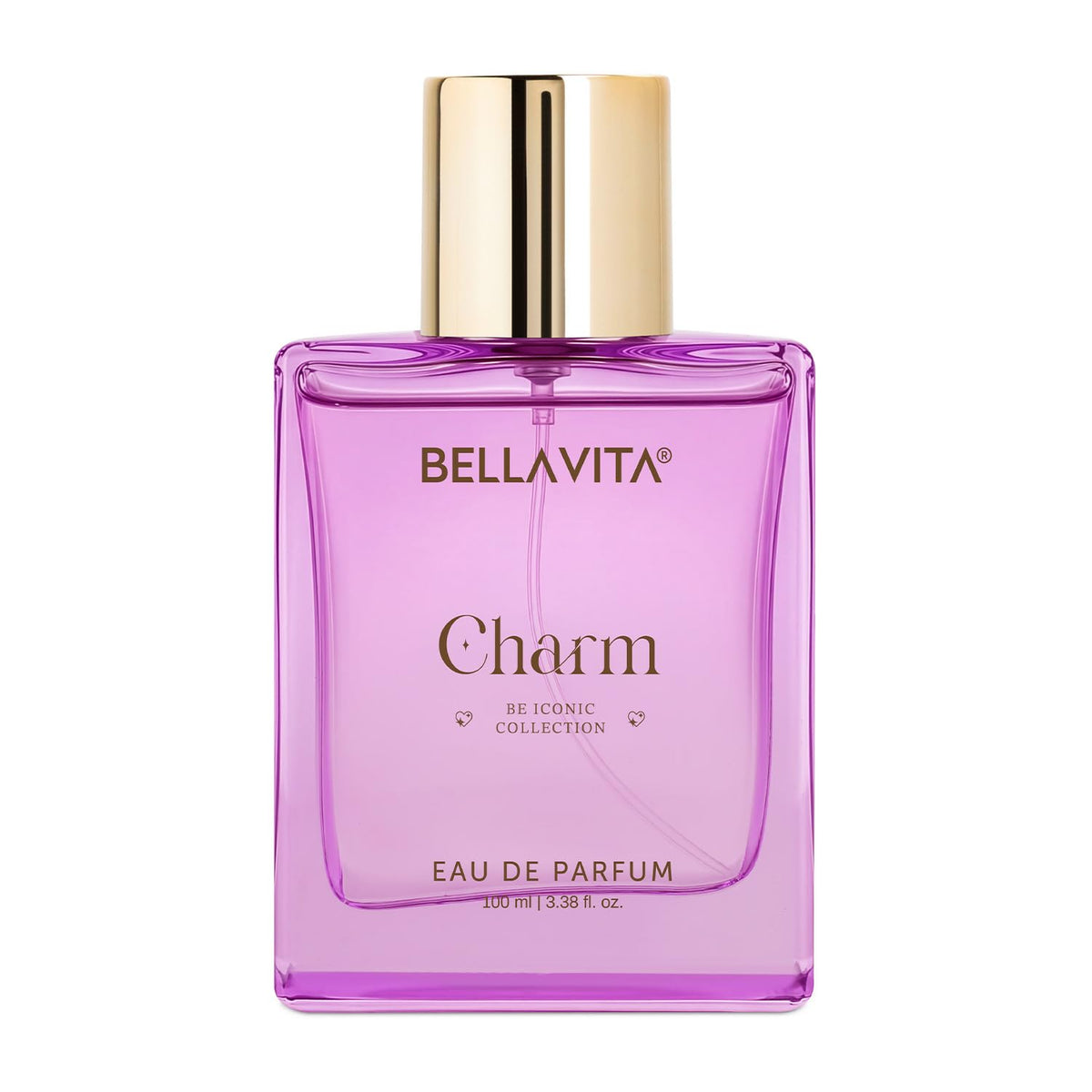 Purple Bellavita Charm Eau de Parfum bottle on a white background