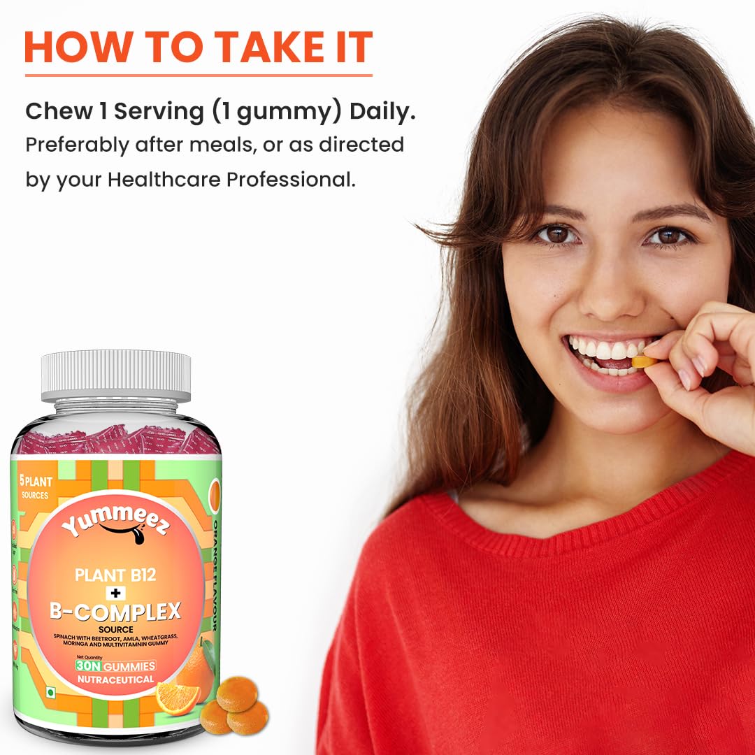 Woman eating a gummy supplement with a bottle of Yummeer Plant B12+B-Complex gummies on a white background.