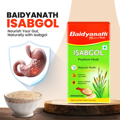 Baidyanath Isabgol packaging with a bowl of isabgol powder and an illustration of a gut.