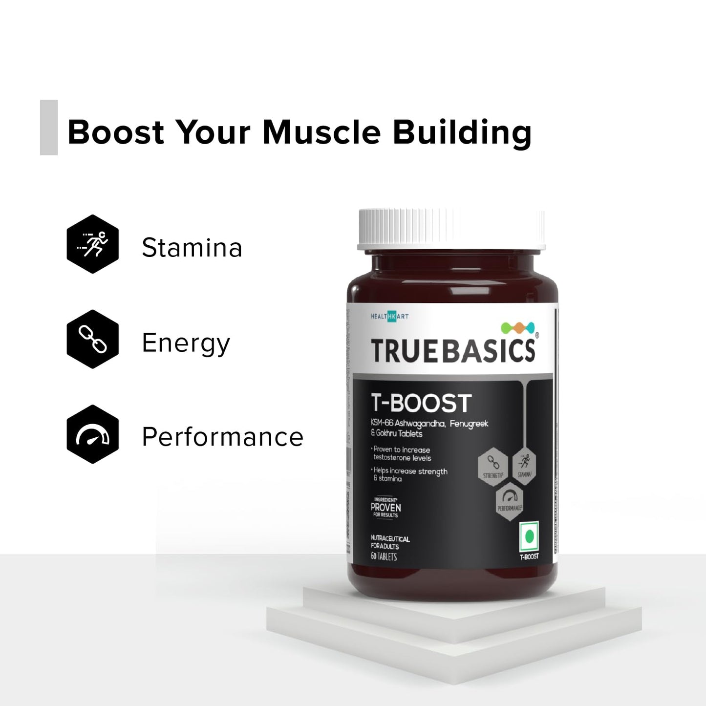 TrueBasics T-Boost supplement bottle on a white background with text highlighting benefits.