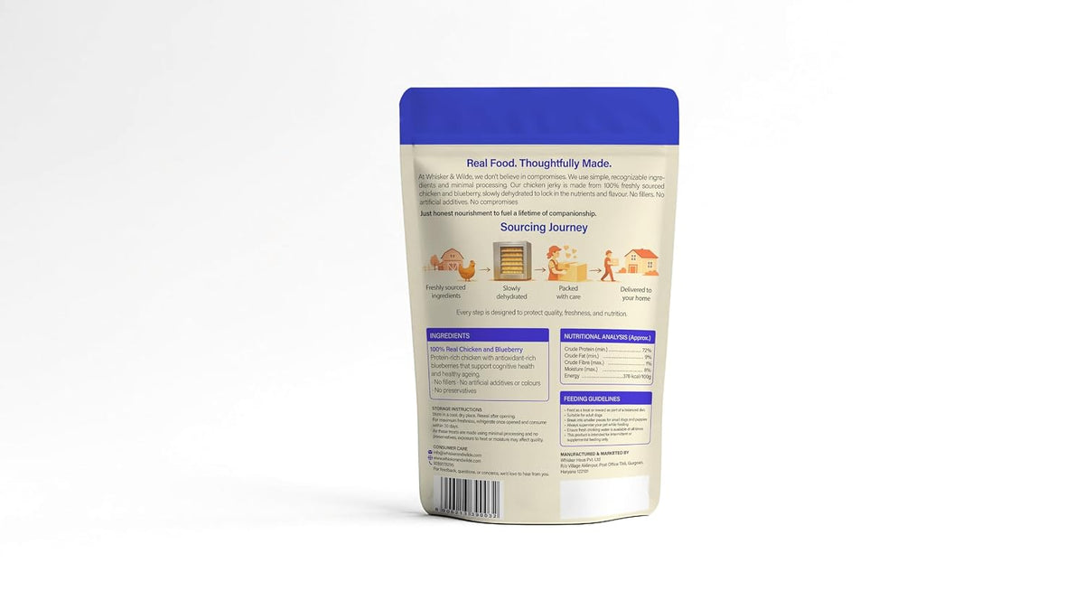 Whisker and Wilde Dehydrated Chicken Jerky | Dog Treats | Antioxidant Boost with Blueberry | Dental Chew | Training and Reward | Human-Grade | No Preservatives | 70g