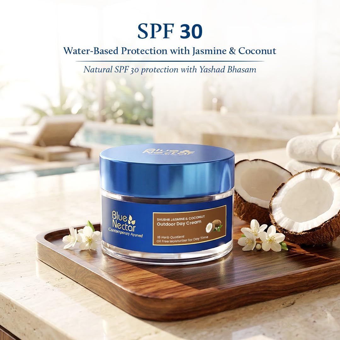 Blue Nectar Coconut Face Cream with SPF 30 Sunscreen for Women | Plant Based Oil Free Moisturizer for Face with Vitamin E | Brightening Sunscreen for Oily, Dry & Sensitive Skin (16 Herbs, 50g)