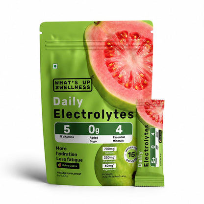 What's Up Wellness Daily Electrolytes Powder - Juicy Guava Flavour | Zero Added Sugar | Instant Hydration - Sodium, Potassium, Magnesium & Zinc | Vegan | 15 Sachets