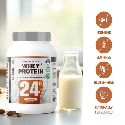 Whey protein container with a glass of milk and almonds on a blurred background