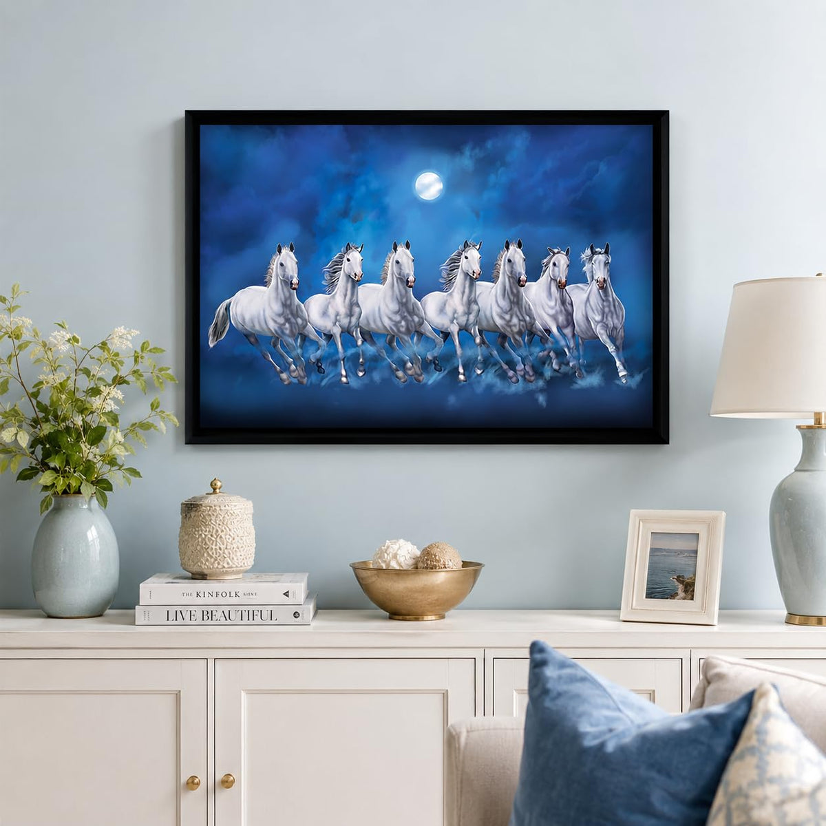 Seven Lucky Running Vastu Horses Art Framed Painting (Ocean Blue, 12 Inch x 18 Inch)
