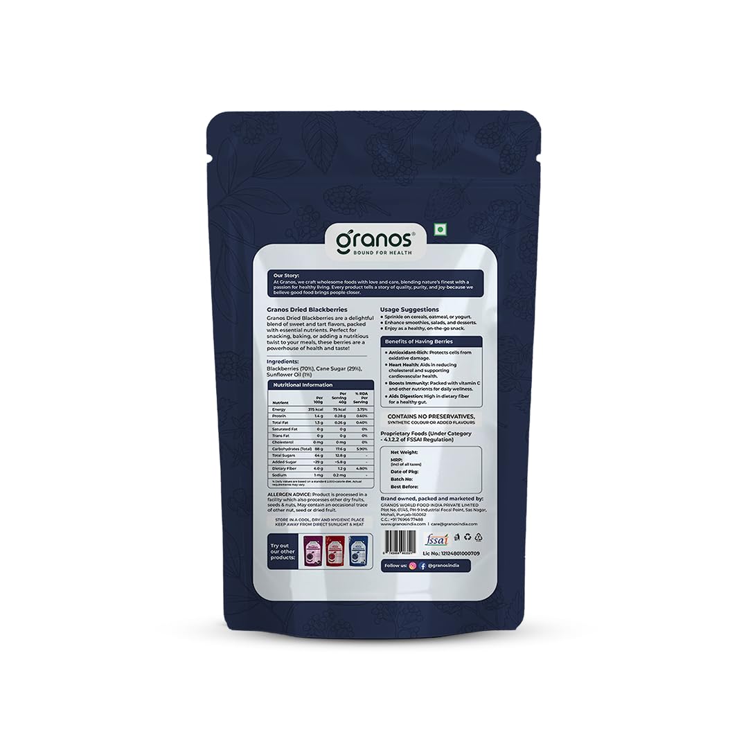 Granos Premium Dried Blackberries 150g, Natural & Healthy Snack, Dried fruit, Gluten Free, Vegan, Helps in Digestion, Cholesterol & Trans-fat free, Antioxidant Rich (Pack of 1)