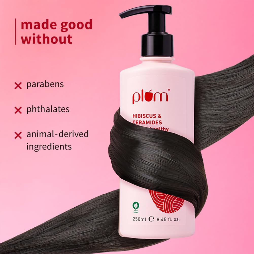 Plum Hibiscus & Ceramides Long & Healthy Shampoo | Hydrates Dry and Damaged Hair, Prevents Split Ends, Repairs Damage |Contains Hibiscus Extracts, Ceramides |100% Vegan | 250ml