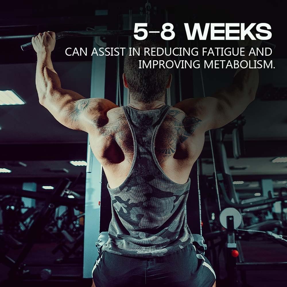 Muscular man in a gym performing pull-ups with text about reducing fatigue and improving metabolism.