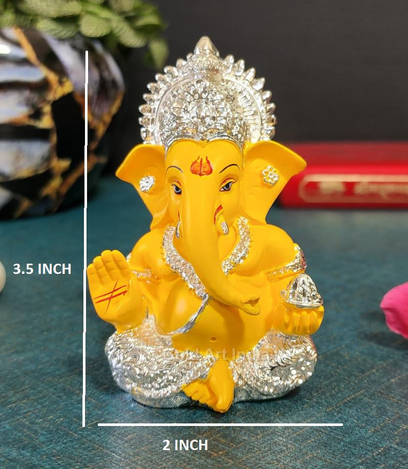 Gold Art India 999 Silver Plated Ganesh Idol for Car Dashboard God Ganesha Idol for Home Decor Ganpati for Gift Office Table Shelves Gifting Idol 3.5 inches Silver Mango, Idol