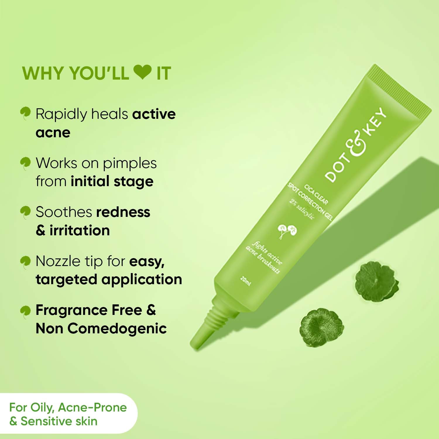 Zephivo Dot & Key Cica Clear Spot Correction Gel for Active Acne | Soothing, Lightweight & Non Drying | Reduces Active Acne & Redness | Fades Acne Scars & Dark Spots | For Oily, Acne Prone Skin | For Women & Men | 20ml

