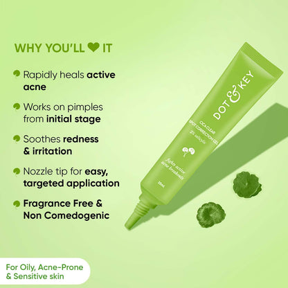 Zephivo Dot & Key Cica Clear Spot Correction Gel for Active Acne | Soothing, Lightweight & Non Drying | Reduces Active Acne & Redness | Fades Acne Scars & Dark Spots | For Oily, Acne Prone Skin | For Women & Men | 20ml
