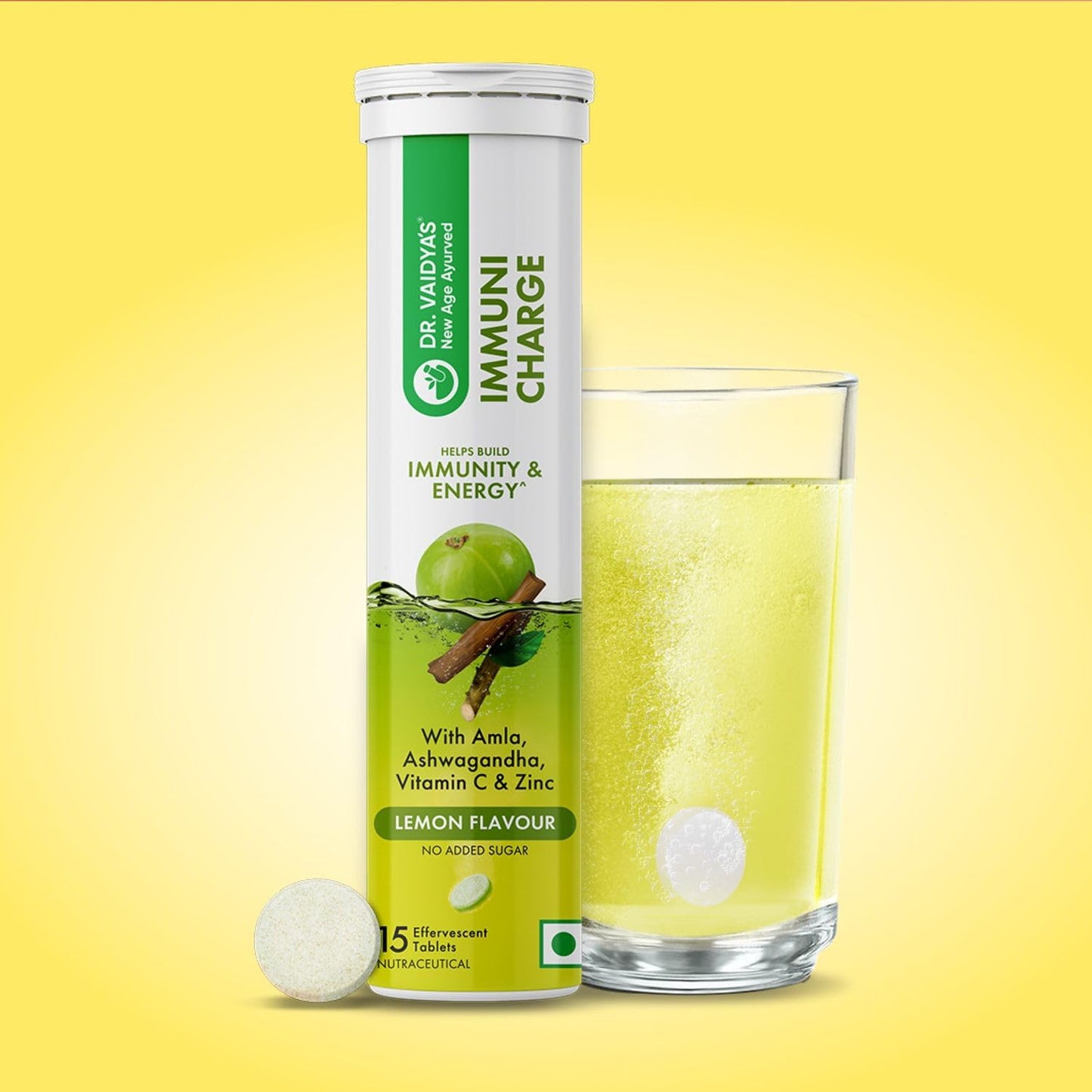 Dr. Vaidya's Immuni Charge Effervescent | No Added Sugar | Boosts Immunity With Vitamin C, Amla & Zinc | Lemon Flavour | (15 Tablets Each)