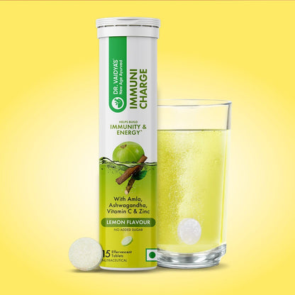Dr. Vaidya's Immuni Charge Effervescent | No Added Sugar | Boosts Immunity With Vitamin C, Amla & Zinc | Lemon Flavour | (15 Tablets Each)