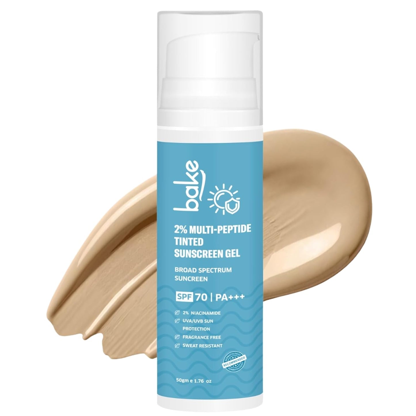 BAKE 2% Multi Peptide Tinted Sunscreen SPF 70 PA+++ with 2% Niacinamide | Water & Sweat Resistant, Broad Spectrum Sunscreen | For All Skin Types | For Men & Women - 50g