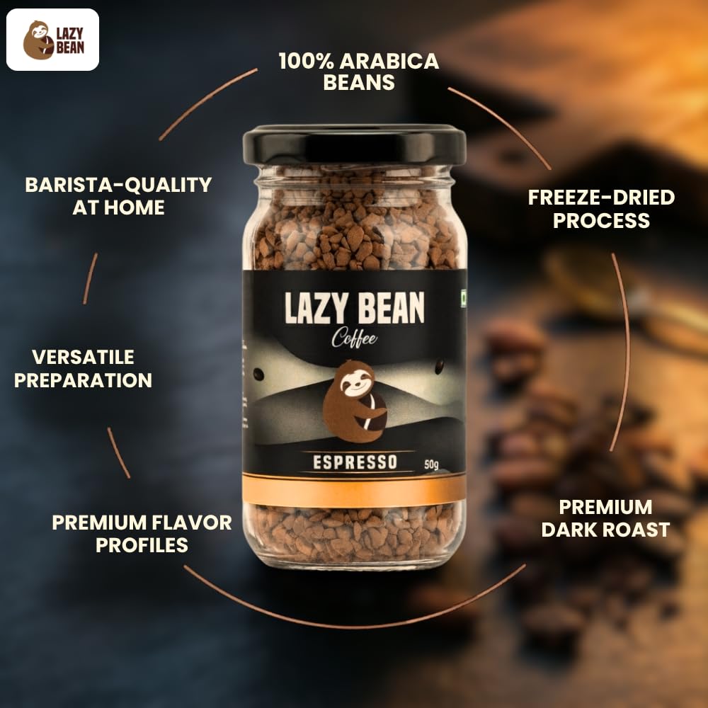 Lazy Bean Espresso Instant Coffee | 100% Arabica Coffee | Medium Roast | Rich & Bold Espresso Style Flavour | Premium Instant Coffee Powder | Strong Aroma | Smooth Full-Bodied Café Style Coffee | 50g