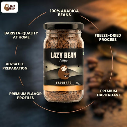 Lazy Bean Espresso Instant Coffee | 100% Arabica Coffee | Medium Roast | Rich & Bold Espresso Style Flavour | Premium Instant Coffee Powder | Strong Aroma | Smooth Full-Bodied Café Style Coffee | 50g