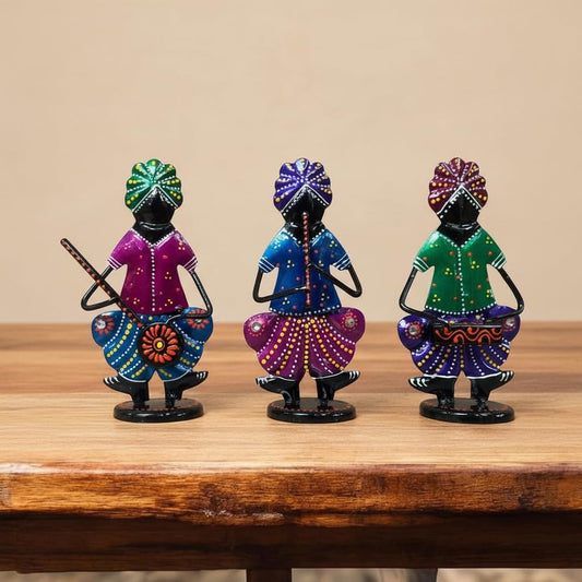 Lamcy Plaza Tribal Metal Musician Showpiece - 5.5 Inches (Set of 3) | Hand-Painted Iron Folk Art Figurines Playing Musical Instruments | Ethnic Home Decor Items for Living Room, Office, Shelves & Gift