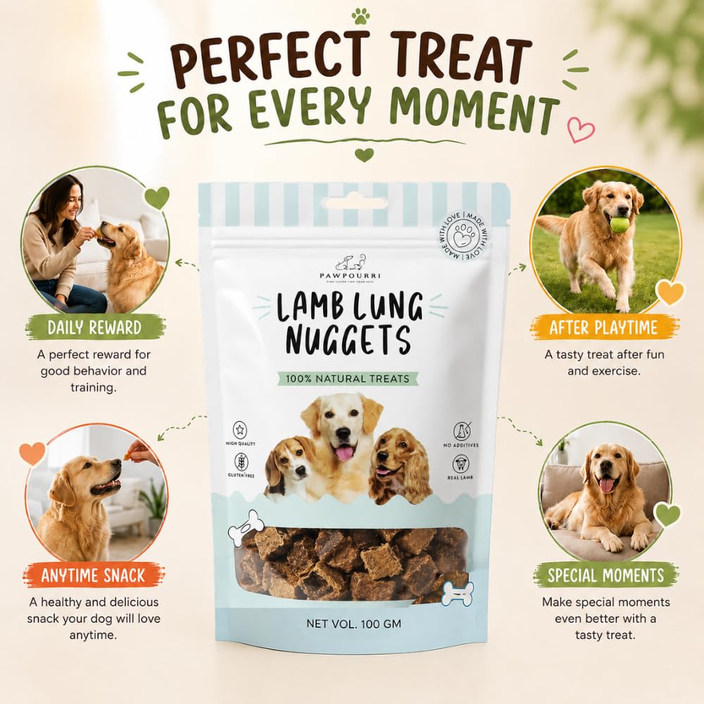 PAWPOURRI Natural Lamb Lung Nuggets Dog Treats, 100gm | Protein Rich Chewy Snacks for Dogs | Suitable for All Breeds & Life Stages | Daily Training & Reward Treats (Pack of 1)