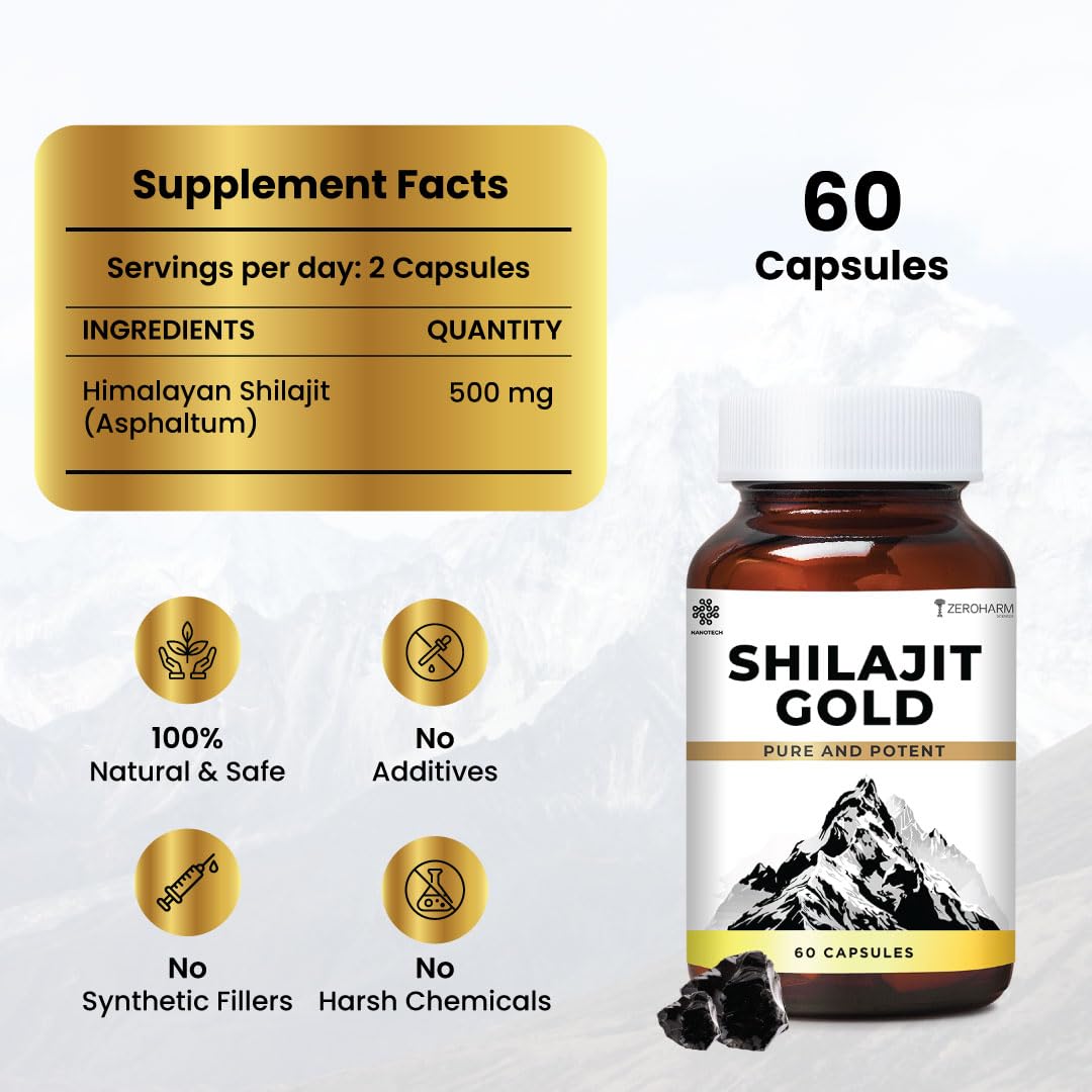 ZEROHARM Nano Shilajit Gold Capsules | Pure Himalayan Shilajit 500mg | Fulvic & Humic Acid | Supports Natural Energy, Stamina & Muscle Growth | Boosts Testosterone Levels for Men | 60 Capsules
