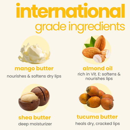 Advertisement for international grade ingredients with images of mango butter, almond oil, shea butter, and tucuma butter.