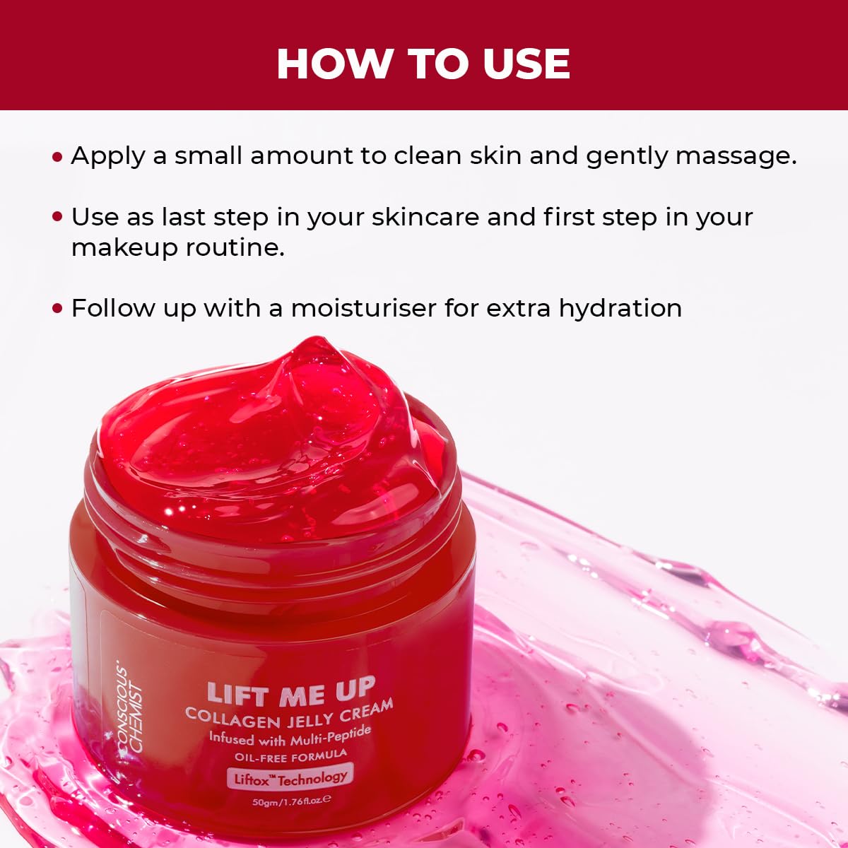Red collagen jelly cream jar with application instructions on a white background