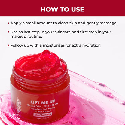 Red collagen jelly cream jar with application instructions on a white background