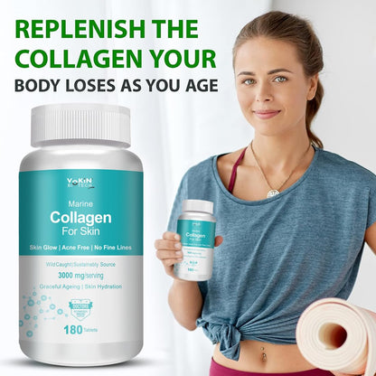 Woman holding a bottle of Marine Collagen for Skin with promotional text on a white background