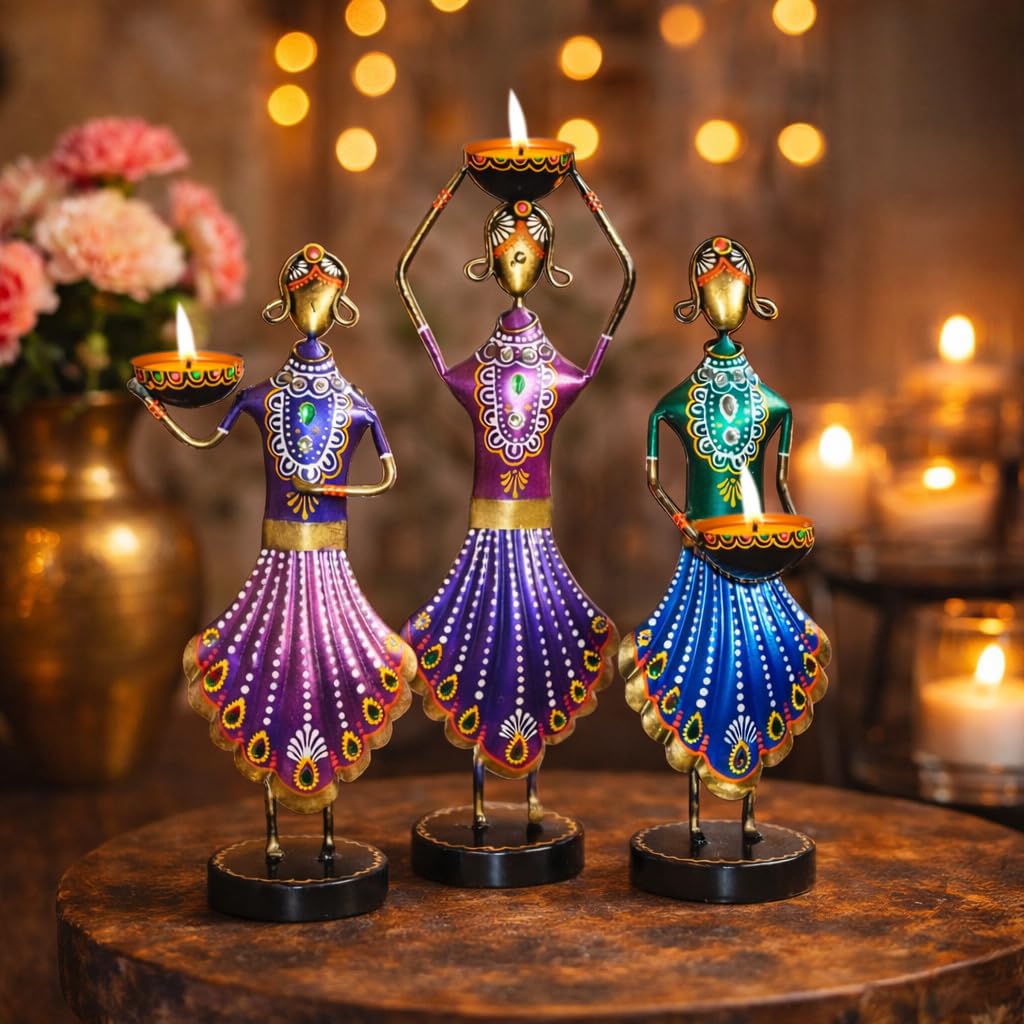 CraftVatika Home Decoration Items for Living Room, Aesthetic Home Decor, Rajasthani Lady Tealight Candle Holder Showpiece for Living Room Tabletop Housewarming Wedding for Man Women