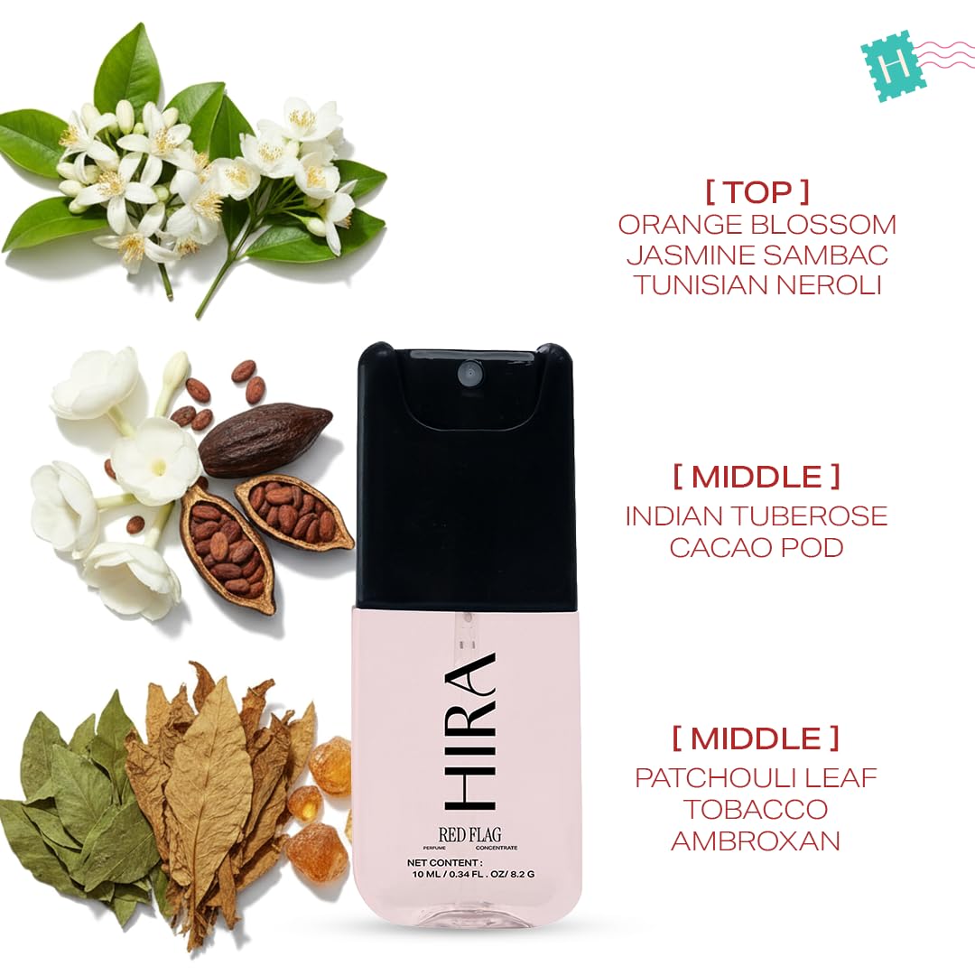 HIRA perfume bottle with floral and botanical elements on a white background
