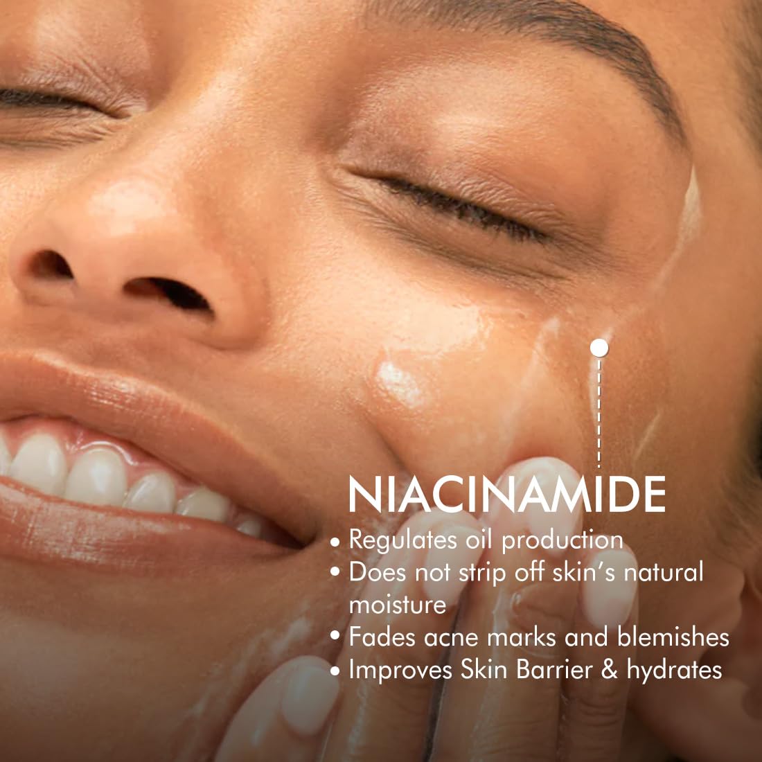 Close-up of a person's face with Niacinamide benefits text overlay