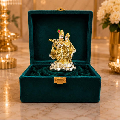 Gold Art India 999 Silver Plated & 24K Gold Plated Radha Krishna Idol with Luxury Velvet Gift Box | 3.7 Inch Radhe Krishna Murti for Wedding Gift, Housewarming, Home Temple