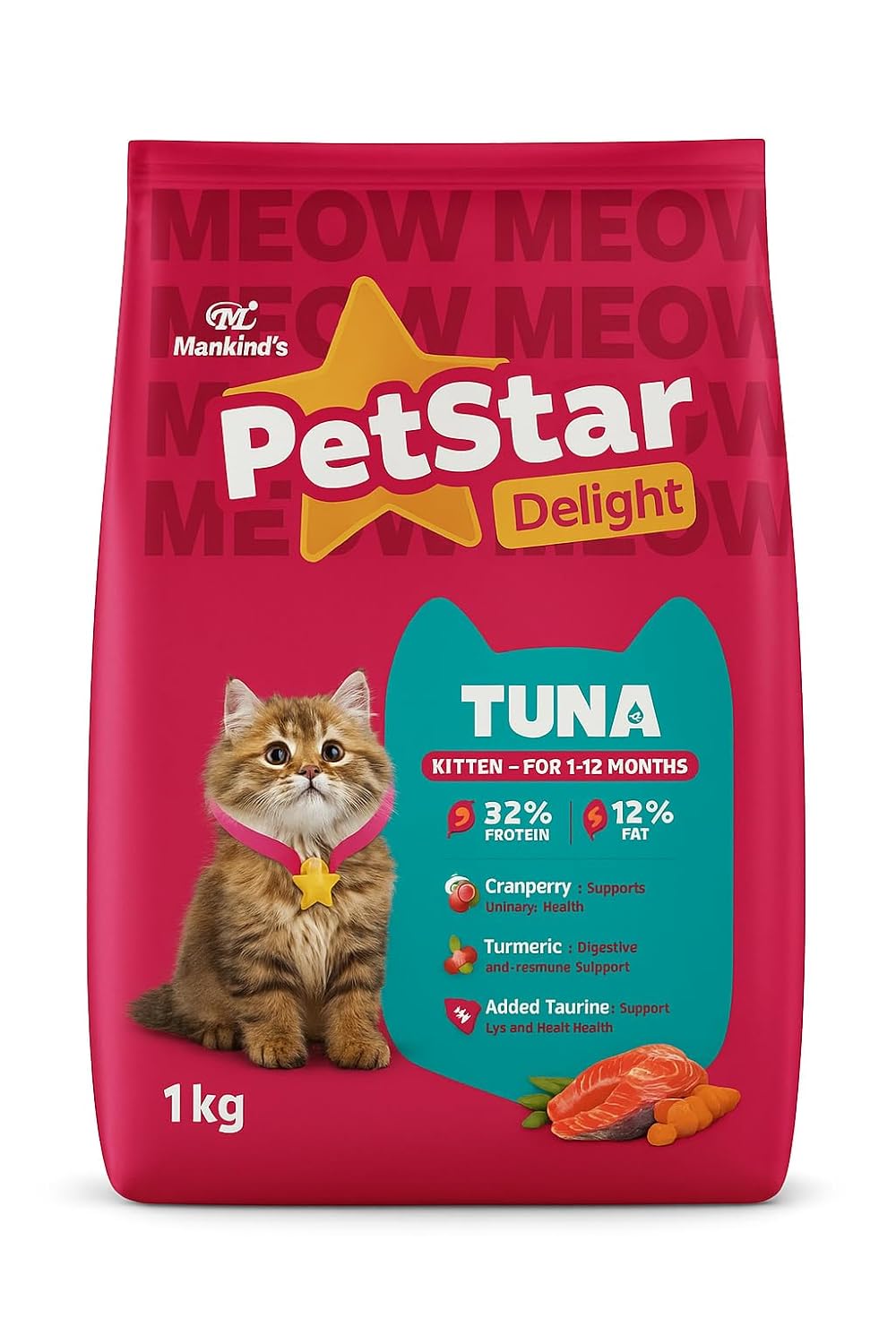 Mankind PetStar Kitten Cat Food – Tuna Flavour (1 Kg) | Complete & Balanced Nutrition for Healthy Growth, Digestive & Hairball Care