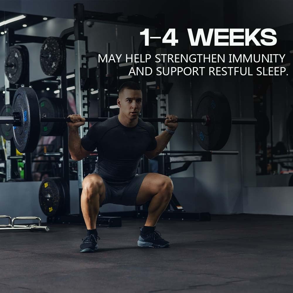 Person performing a squat with weights in a gym, text about health benefits.