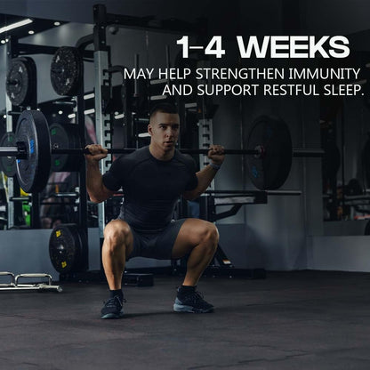 Person performing a squat with weights in a gym, text about health benefits.
