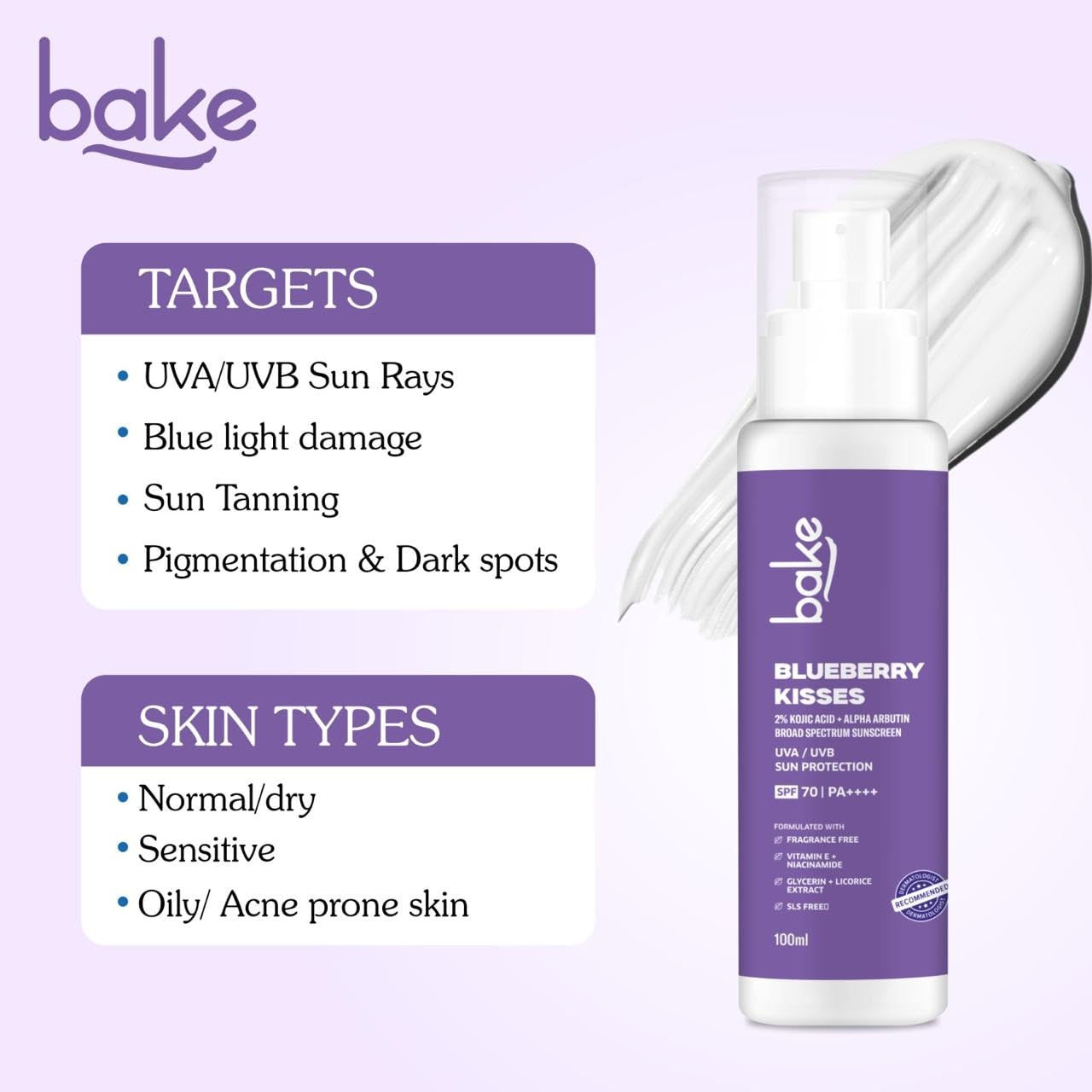 BAKE 100% Mineral Water Resistant Sunscreen SPF 70 PA+++ with 2% Kojic Acid, Alpha Arbutin & Niacinamide for Pigmentation, Dark Spots & Tan Removal | Broad Spectrum Sunscreen | Anti-Pigmentation, No Whitecast & Lightweight | 100g