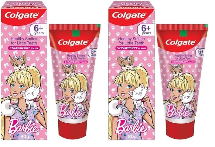 Colgate Kids Toothpaste For 6+ Years, Barbie, Strawberry Flavour, Gentle Protection Tooth Paste With 50% Lesser Abrasive Formula For Protecting Against Cavities, Enamel Protection- 80G (Pack of 2)