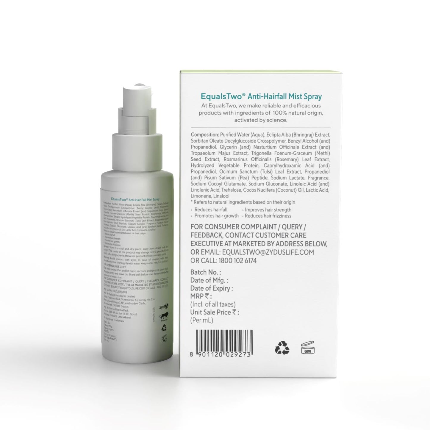 EQUALSTWO by Zydus Anti Hairfall Mist Spray, 100ml | Natural Hair Mist Spray with Bhringraj, Methi & Virgin Coconut Oil | Anti Hair Fall Mist Spray for Hair Density, Shine & Heat Protection, (Pack 1)