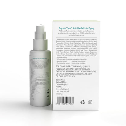 EQUALSTWO by Zydus Anti Hairfall Mist Spray, 100ml | Natural Hair Mist Spray with Bhringraj, Methi & Virgin Coconut Oil | Anti Hair Fall Mist Spray for Hair Density, Shine & Heat Protection, (Pack 1)