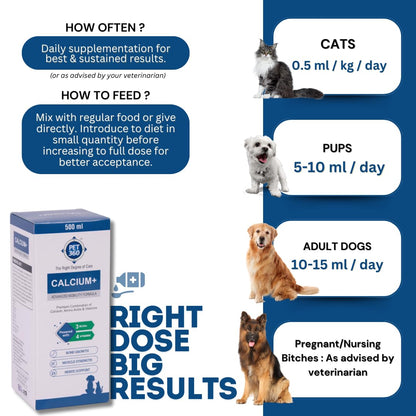PET360 Calcium+ Advanced Mobility Formula with Calcium, Amino Acids & Vitamins for Dogs & Cats | Bone Growth, Muscle Strength & Nerve Support | Nutritional Supplements for Pets - 500 ml