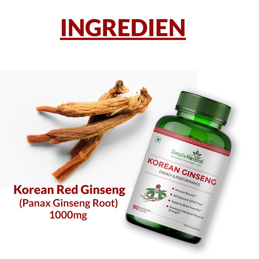 Simply Herbal Korean Red Ginseng 1000mg – 90 Veg Capsules | Energy, Vitality & Stamina Support | Herbal Adaptogen Supplement for Men & Women